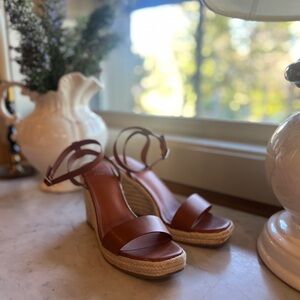 Womens Brown Leather Espadrille Wedge Sandals with Ankle Strap